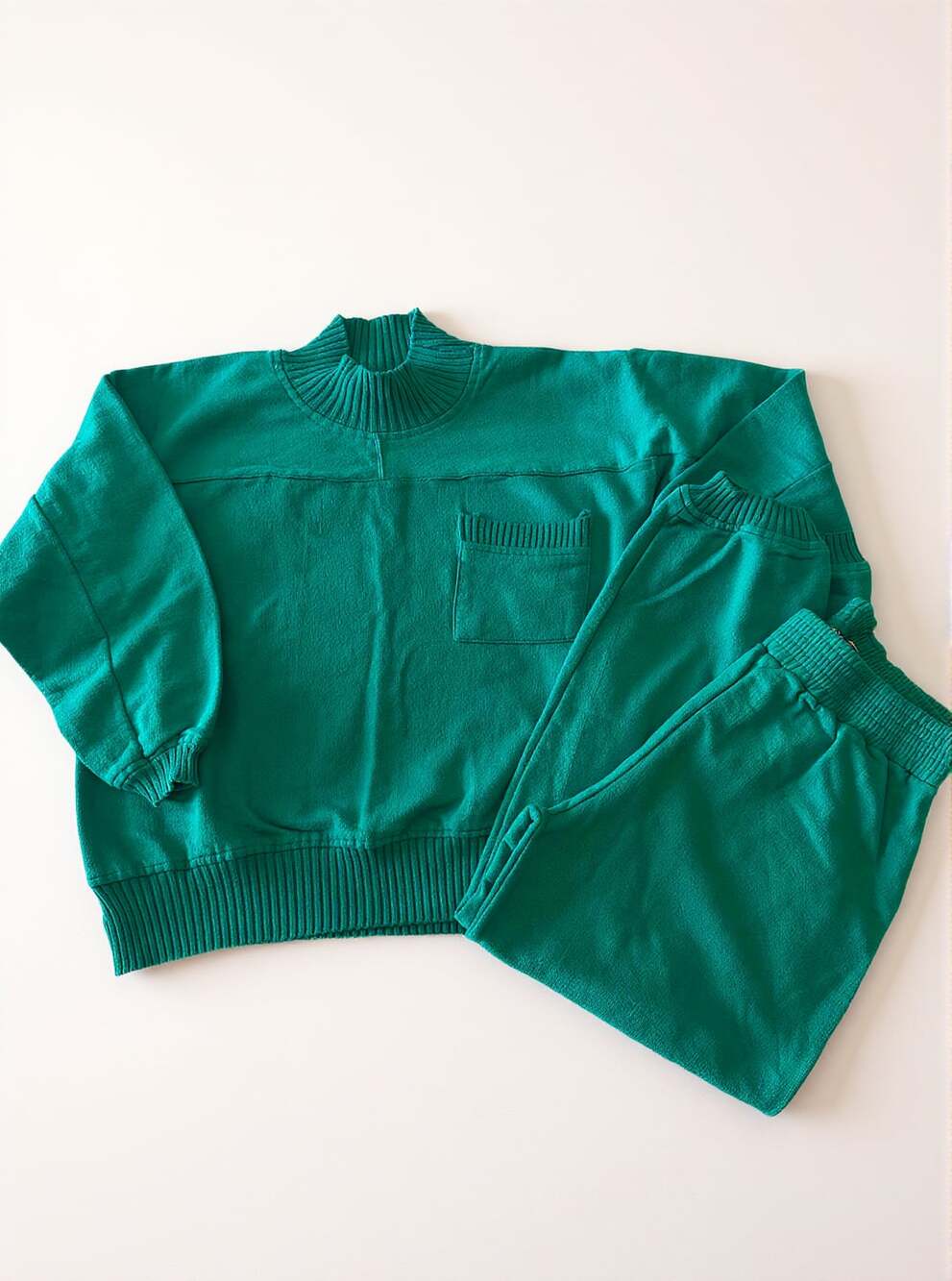 Daniel Caron Vintage Teal Green Cotton Mock Neck Sweater and Jogger Pants Set